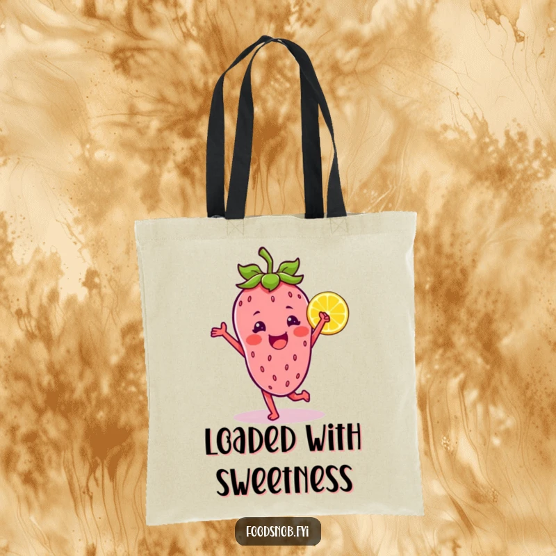 Funny tote bag illustration of a happy strawberry dancing with a vibrant lemon wedge, symbolizing zest and joyful movement.