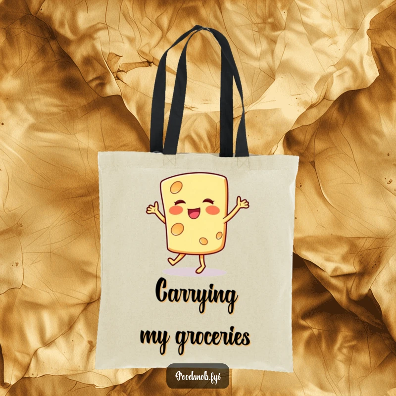 Funny tote bag with a smiling cheese slice doing a happy jig, perfect for carrying daily items with a humorous and cheesy touch.