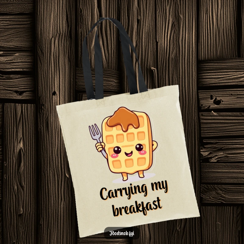 Funny tote bag with a smiling waffle character pointing upwards with a fork, symbolizing joyful journeys and good times.
