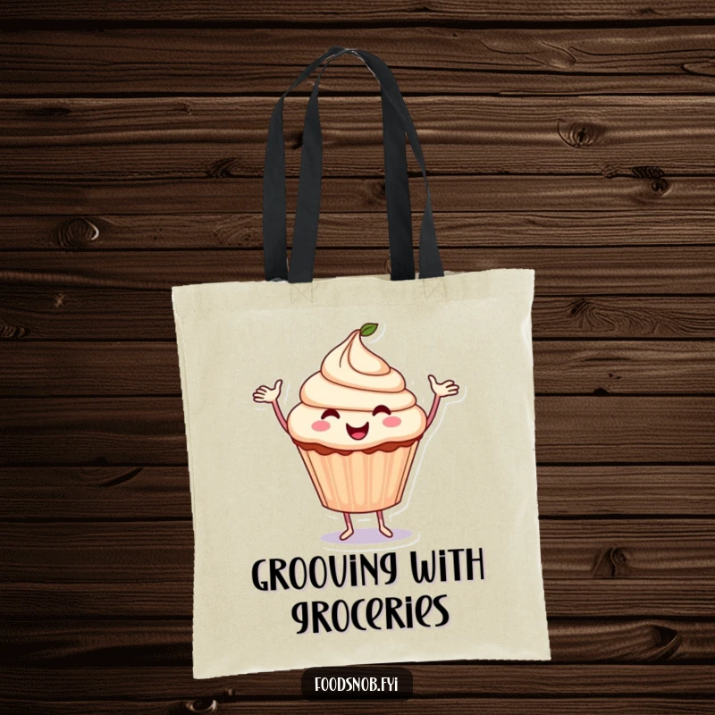 Funny Cupcake Tote Bag: A smiling cupcake with arms dances energetically, making a cheerful statement.
