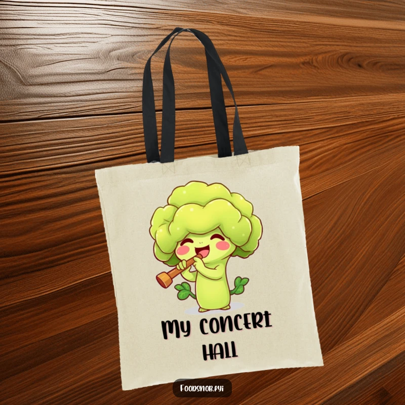 Funny tote bag featuring a joyful broccoli sprout character playing a small flute. A practical and humorous veggie-themed accessory.