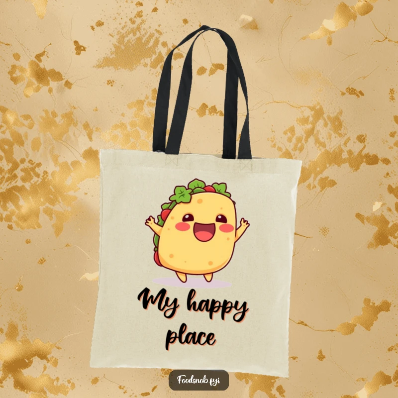 Funny tote bag with an excited taco doing a playful little hop upwards, perfect for carrying daily items with a humorous and food-loving touch.