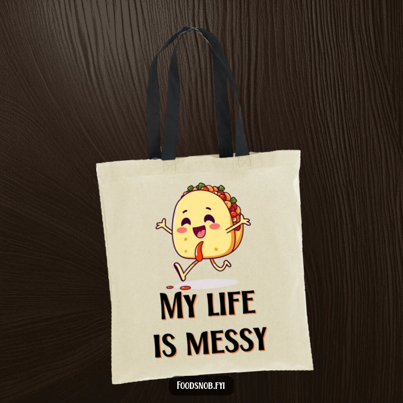 Funny tote bag showcasing a happy taco character skipping with salsa, ideal for carrying essentials with a dose of edible joy.