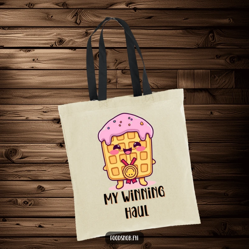 Funny Tote Bag: A proud waffle receiving a medal, perfect for carrying items with a sense of victory and humor, funny gift.